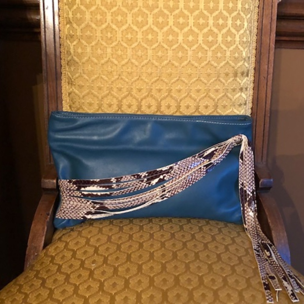 Annie Leather Clutch in Teal Blue with Snakeskin Embossed Leather Tassels